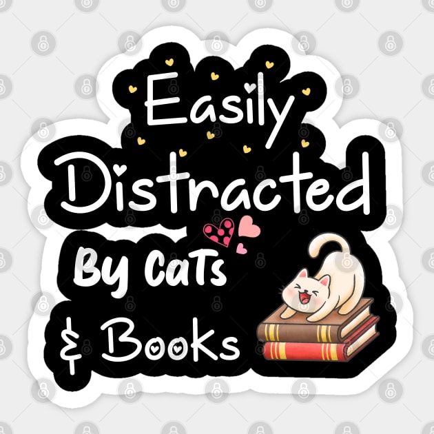 Easily Distracted By Cats And Books Bookworm Sticker by bladshop